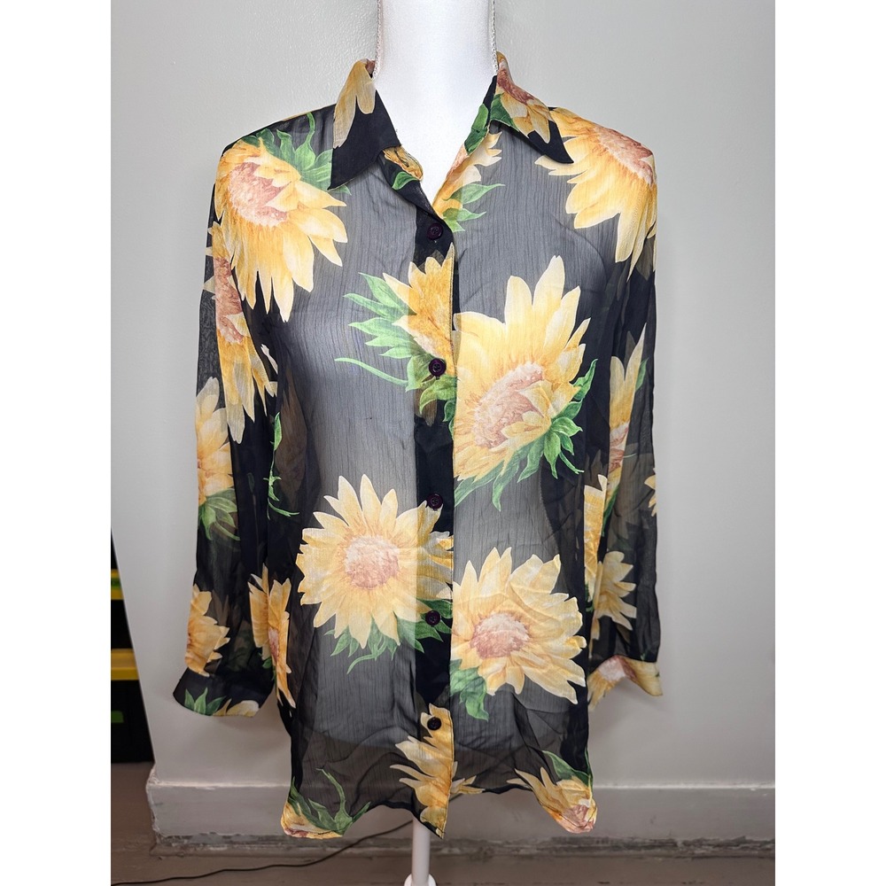 Liz Claiborne Lizsport Petite Sheer Sunflower Button Down Blouse Black Yellow PM